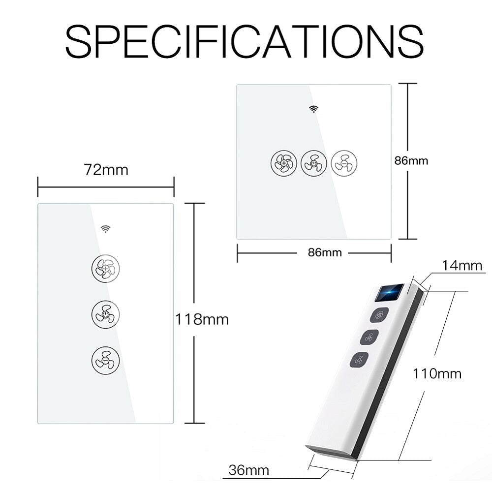 WiFi RF433 Smart Ceiling Fan Switch Smart Life/Tuya App 2/3 Way Control Wireless Remote Control Works with Alexa and Google
