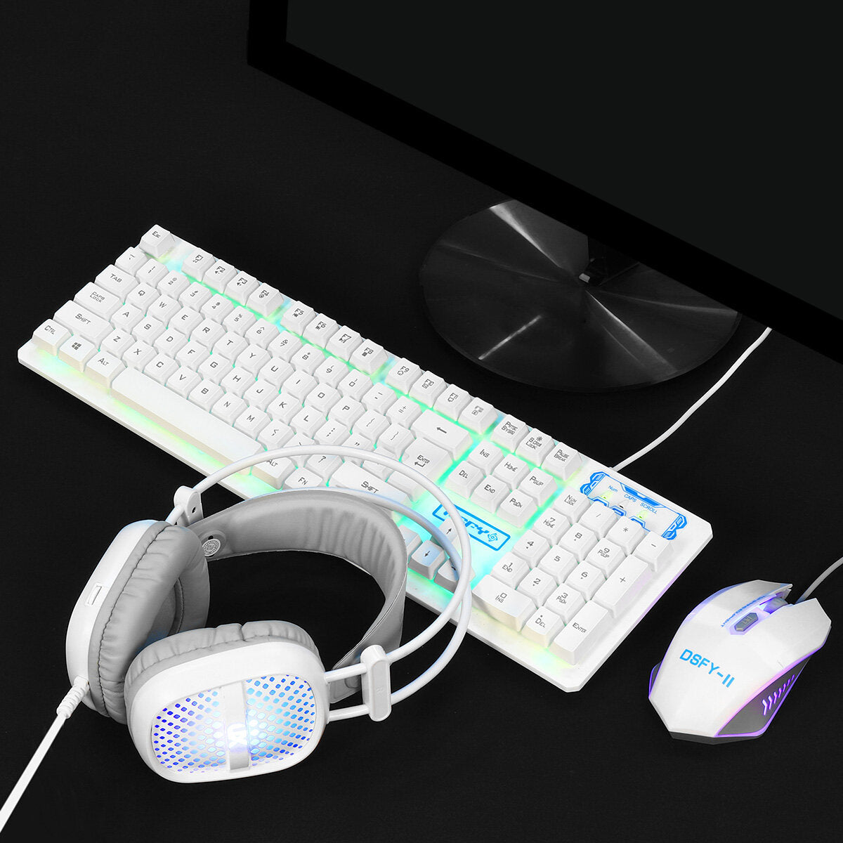 3-In-1 USB Wired Keyboard 1600DPI Mouse Colorful Headset Set Gaming Backlight Mechanical Keyboard Waterproof for Desktop Computer Notebook