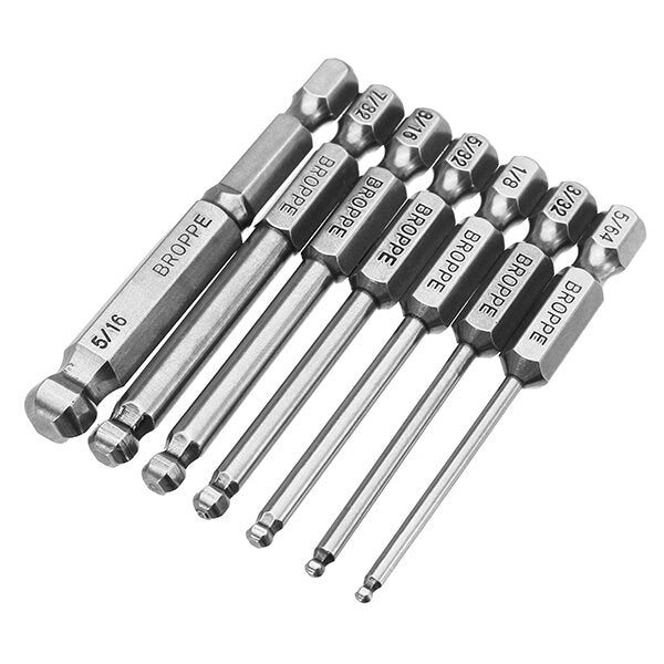 7pcs SAE 5/64-5/16 Inch 65mm Magnetic Ball Screwdriver Bit 1/4 Inch Hex Shank