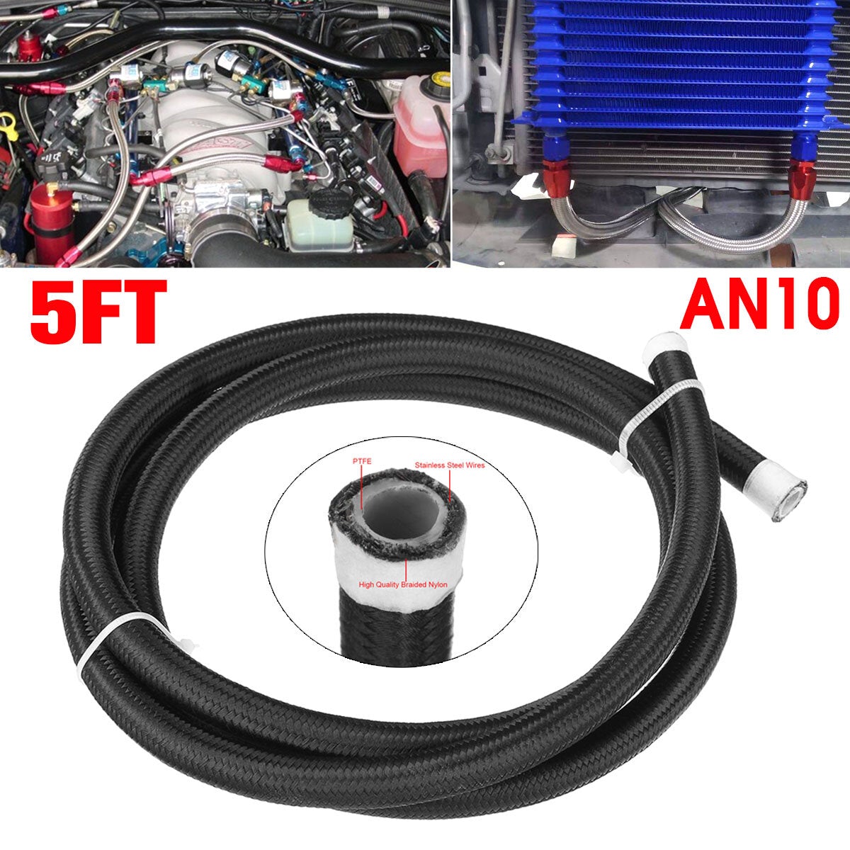 5FT Fuel Hose Oil Gas Line Pipe PTFE Nylon Stainless Steel Hose