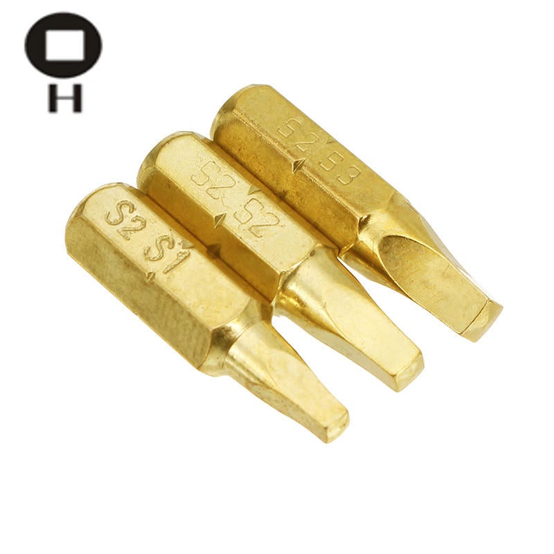 3pcs 25mm S1-S3 Square Shaped Screwdriver Bits 1/4 Inch Hex Shank Electroplating Bronze