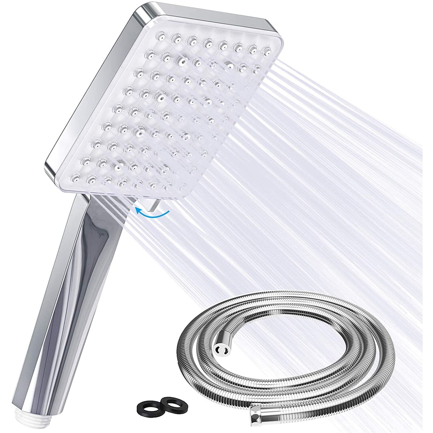 Square Shower Head With 1.5 m Stainless Steel Hose Hand 6 Jet Types Large Water-Saving High Pressure Chrome Universal For Bathing And Spa