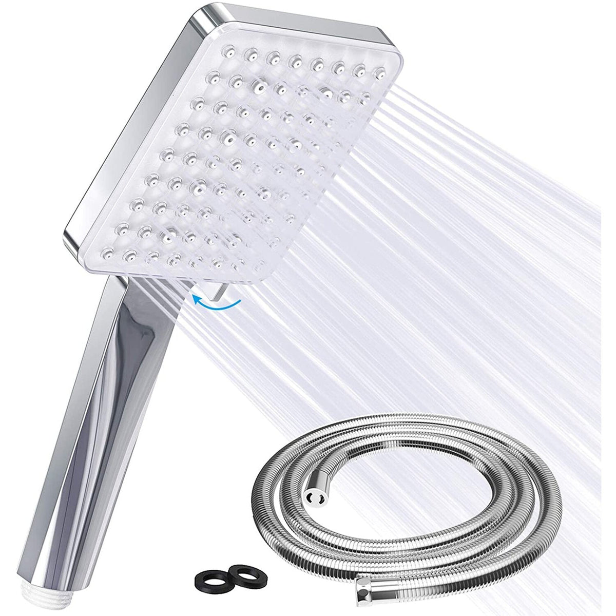 Square Shower Head With 1.5 m Stainless Steel Hose Hand 6 Jet Types Large Water-Saving High Pressure Chrome Universal For Bathing And Spa