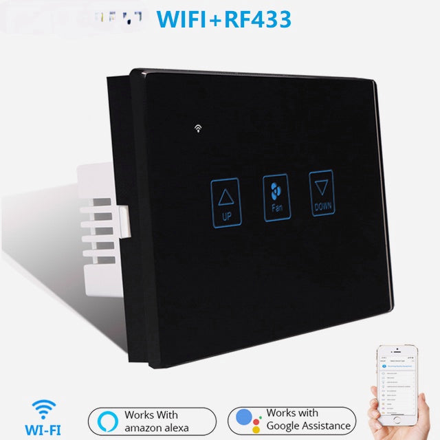 WiFi+RF433 Smart Fan Speed Control Touch Switch US Standard Deluxe Crystal Panel Switch Tuay App Remote Control