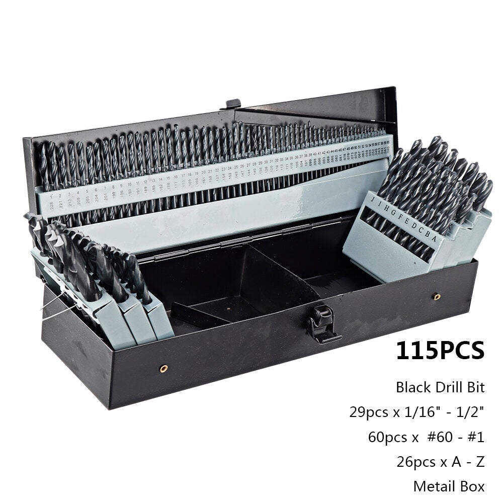 21/29/115 Pcs Titanium Coating Quick Change Twist Drill Set Individual HSS Drill Bits 1/16"-1/2" #60-#1 A-Z Round Shank Drill Set