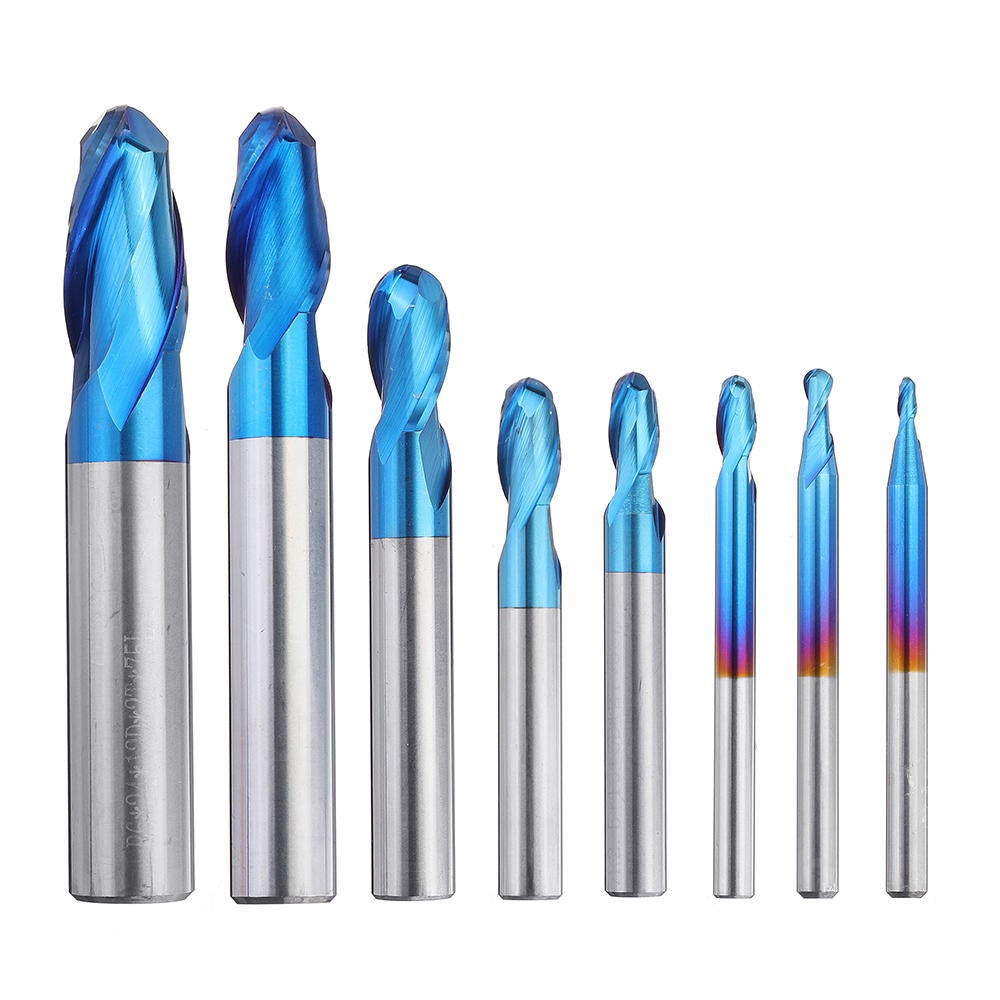 8PCS HRC55 Blue Nano Tungsten Carbide Ball Nose End Mill Set R1-R6 Milling Cutter CNC Router Bits