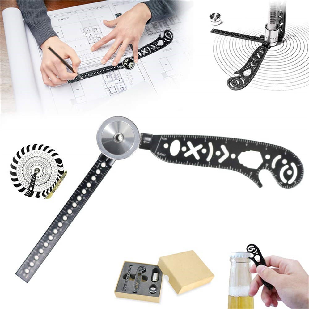 Multi-funtional Drawing Curved Metallic Ruler Mini Compass Protractor Combo Circles Drawing Patterns