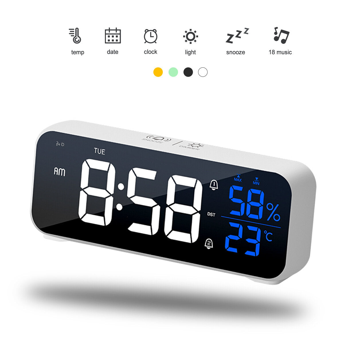 Mirror Alarm Clock LED Music Wall Digital Clock Time Temperature Humidity Display USB Rechargeable Table Clock