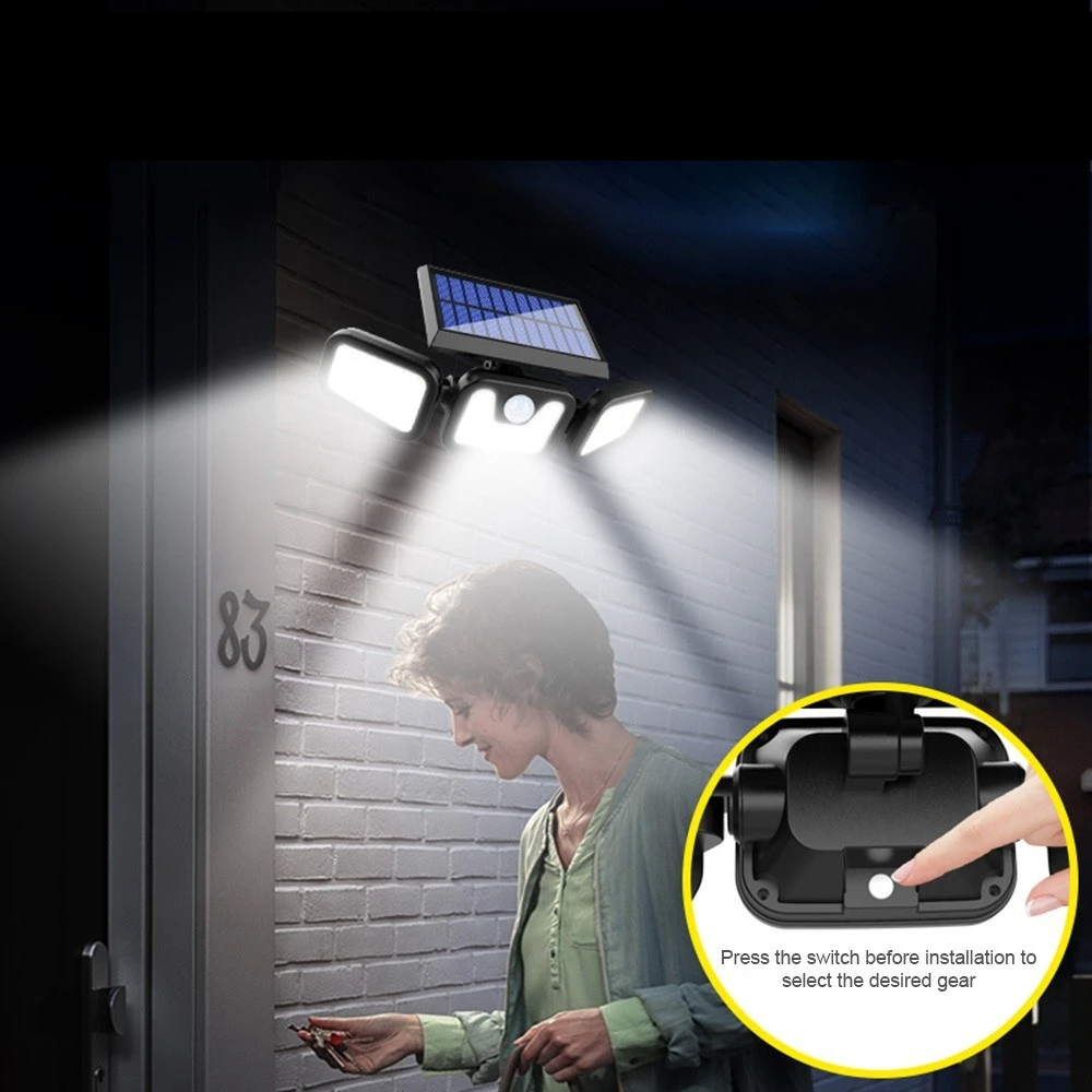 Solar 3 Heads Rotatable Slit Garden Lamp Motion Sensor Wall Mounted Waterproof Night Light 74 LED