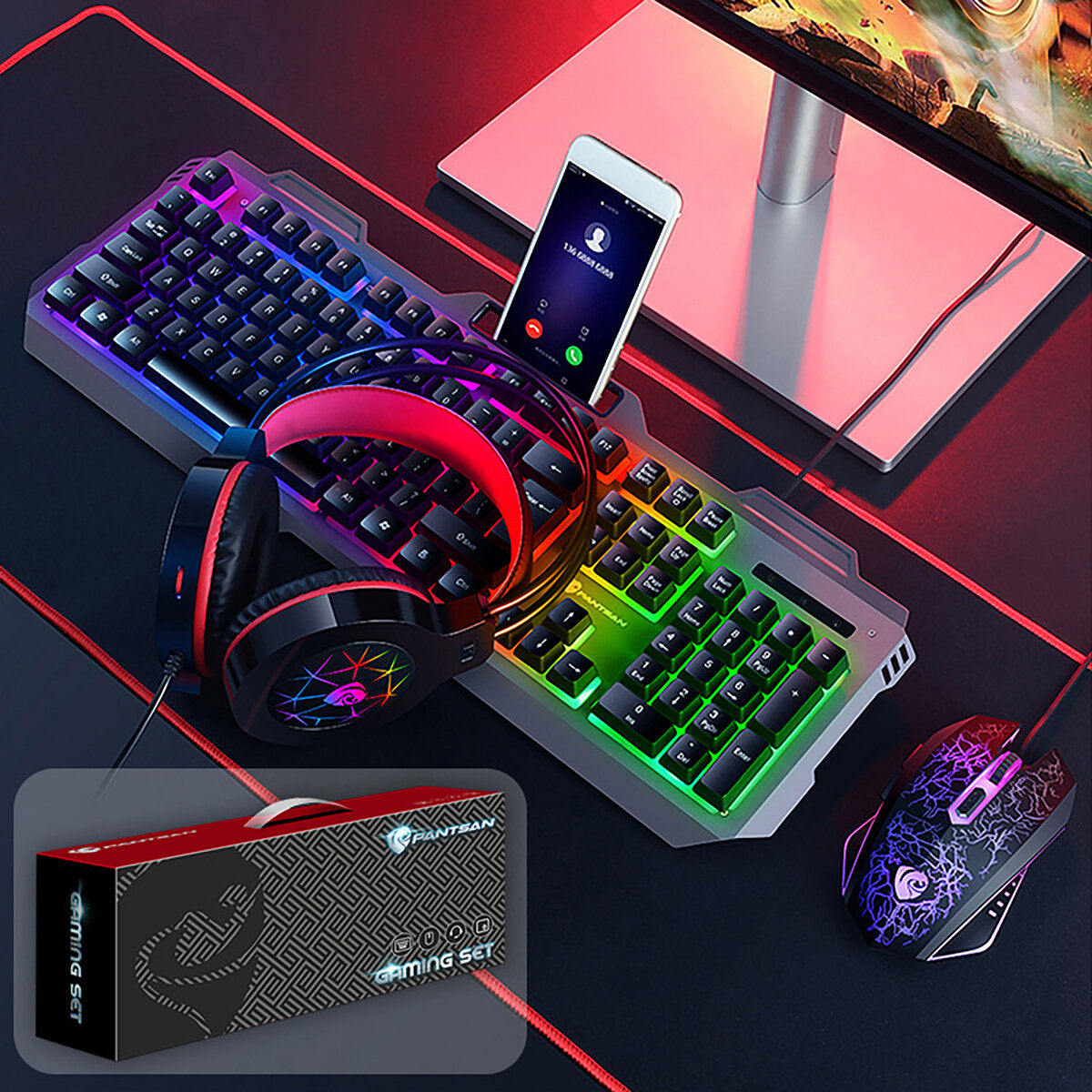 4-in-1 Gaming Kit Set LED Gaming Over-Ear Headset Keyboard & Mouse & Mouse Pad Combo Set