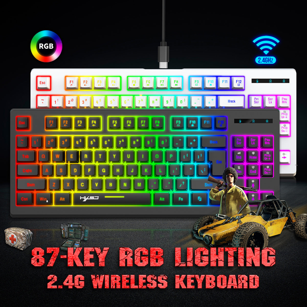 2.4G Wireless Keyboard 87 Keys Multimedia Function RGB Backlit Rechargeable Keyboard for Computer Laptop Home Office