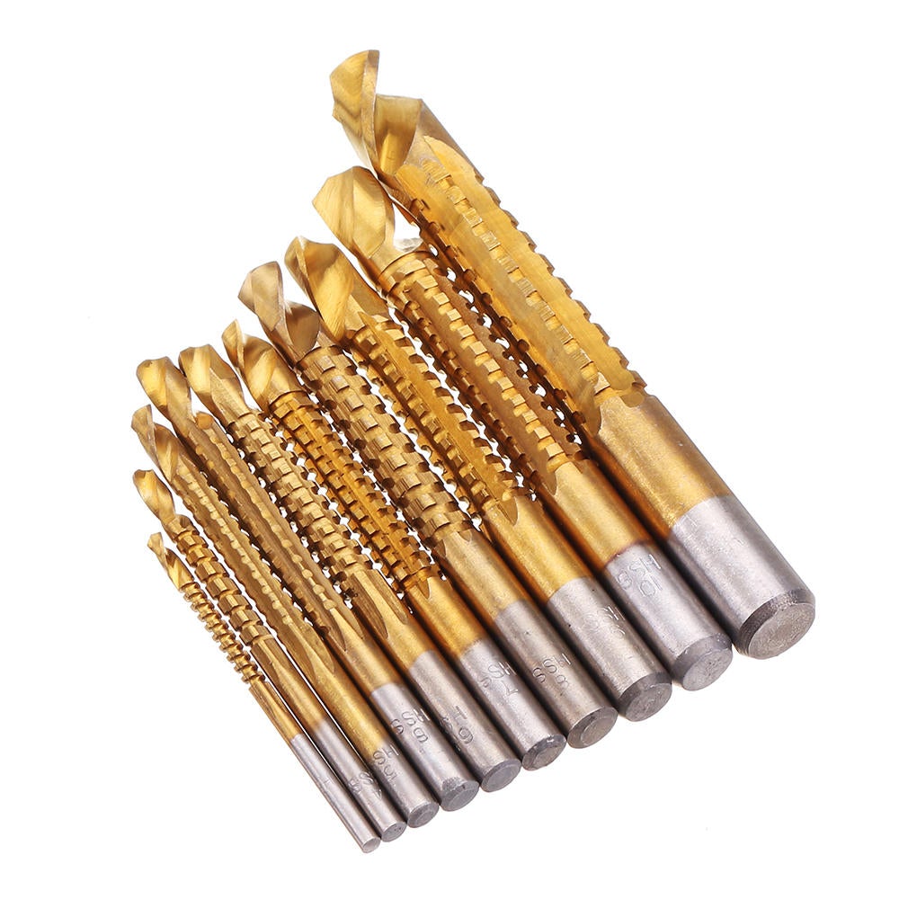 10pcs 3-13mm HSS Titanium Coated Twist Drill Bit Set Wood Metal Cutting Groove