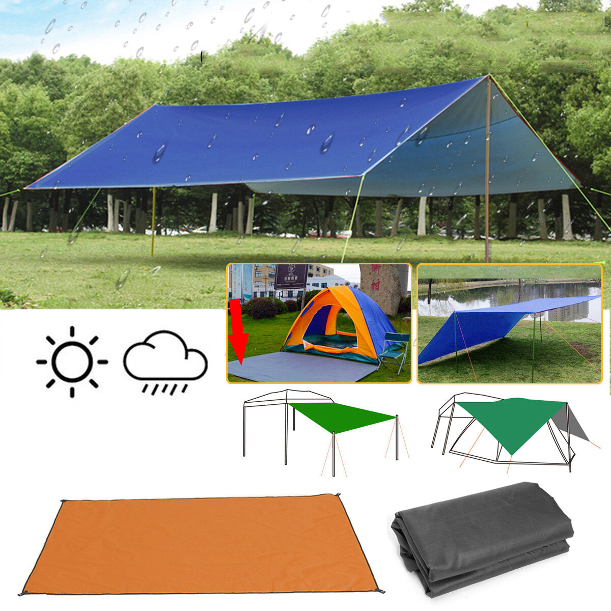 300x300cm Outdoor Camping Tent Sunshade Rain Sun UV Beach Canopy Awning Shelter Beach Picnic Mat Ground Pad Tent Sunshade