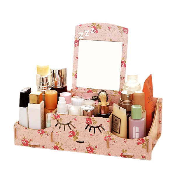 Creative Diy Wooden Cosmetic Storage Box Desktop Storage Container With Mirror Desktop Organizer