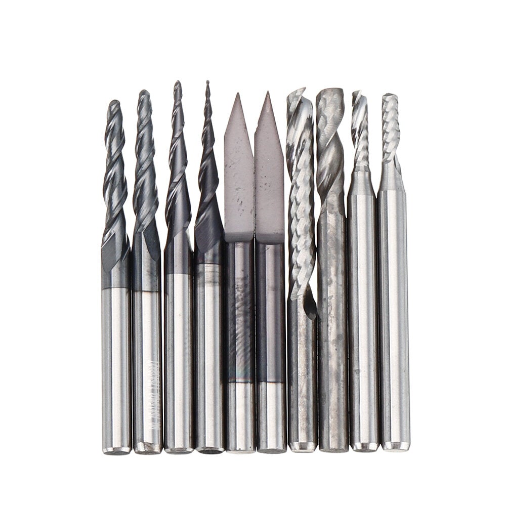 10PC 3.175mm Shank Solid Carbide Engraving Bit Ball Nose with Single Flute Spiral and Flat Bottom CNC Router Bit Wood Milling Cutter