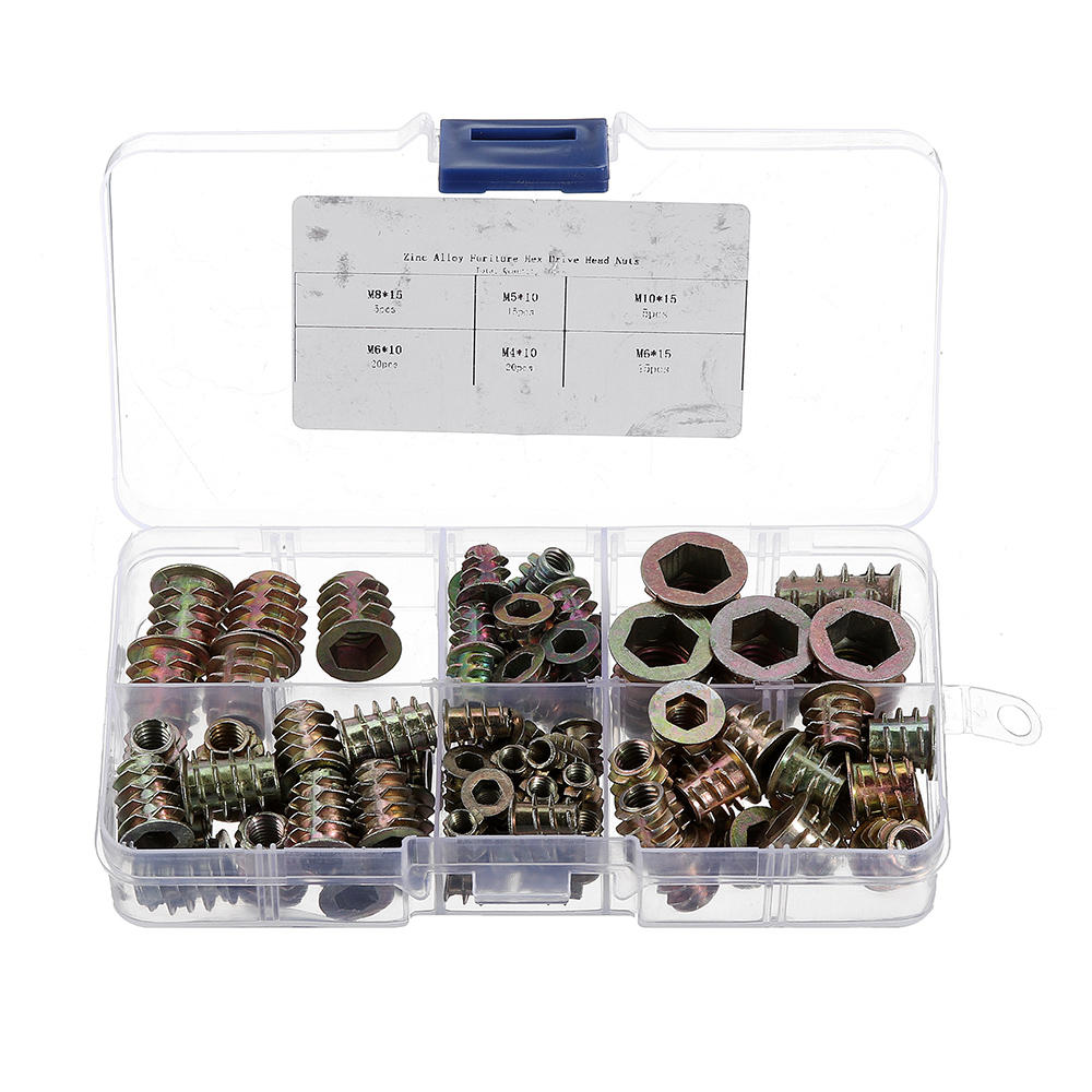 80Pcs M4/M5/M6/M8/M10 Zinc Alloy Wood Furniture Hex Socket Drive Head Threaded Insert Nut Internal and External Nut