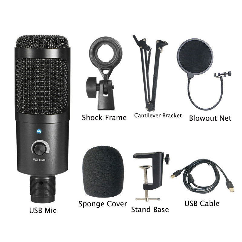 Condenser Microphone Suit USB Radio Recording KSong Gaming Live Streaming Broadcast Mic for Computer PC Laptop Tablet