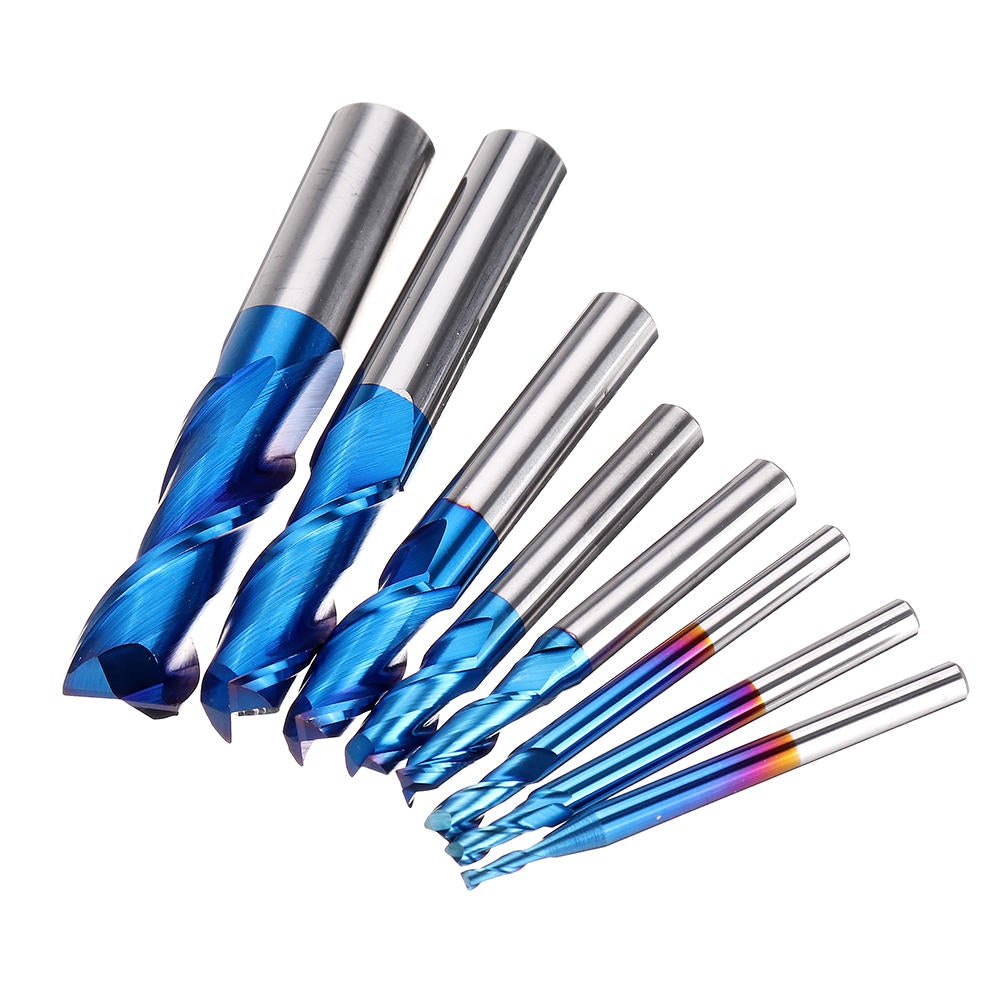 8PCS HRC55 Blue Nano Tungsten Carbide 2 Flute End Mill Set R1-R6 Milling Cutter CNC Router Bits