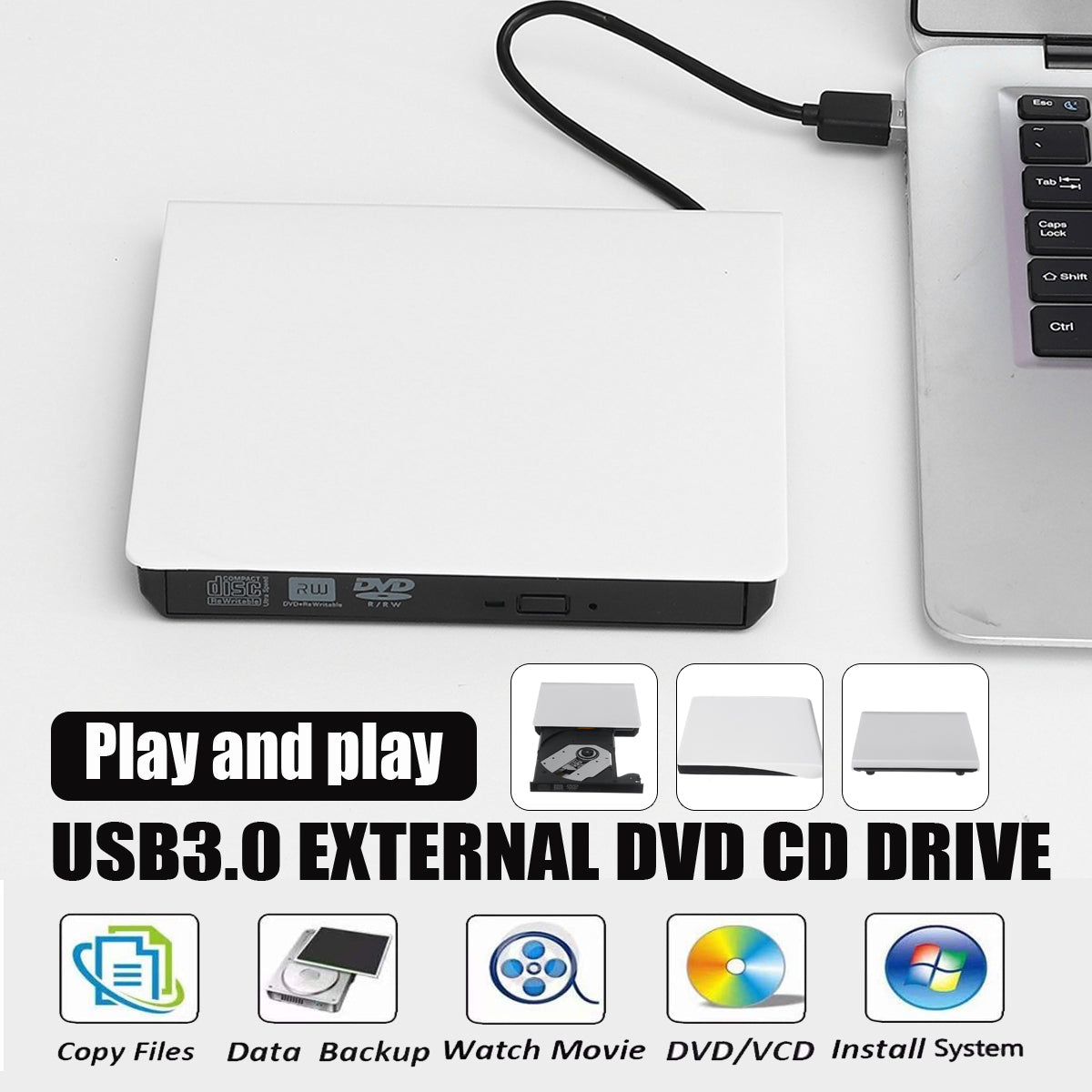 USB3.0 External Optical Drive USB CD DVD Burner DVD-RW Player Writer Rewriter Support 2MB Data Transfer for PC Laptop Compute