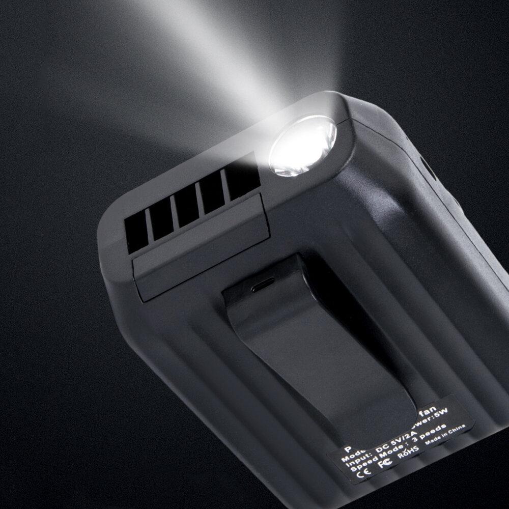 USB Neck Fan 3 Speed Hanging Cooling Condition Fan with Flashlight Power Bank Camping Travel
