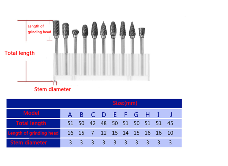 10pcs 3mm Shank Tungsten Steel Carbide Burr Set Single Line 6mm Head Rotary Drill Bit