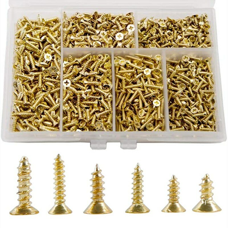 1080pcs M2 M2.5 M3 Phillips Screws Gold-plated Copper Cross Countersunk Flat Head Tapping Screws Assortment Kit