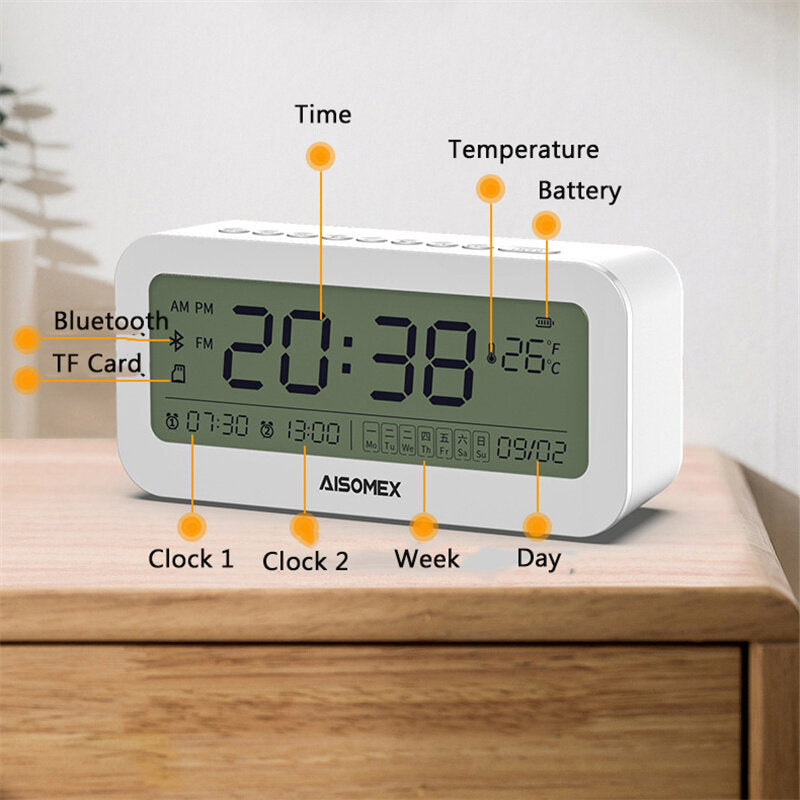 Alarm Clock Speaker Bluetooth 5.0 Day Demperature Display 3 Mode Night Light 1800mAh Battery