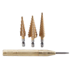 4pcs HSS Titanium Coated Step Drill Bit with Automatic Center Pin Punch 3-12/4-12/4-20mm Step Drill