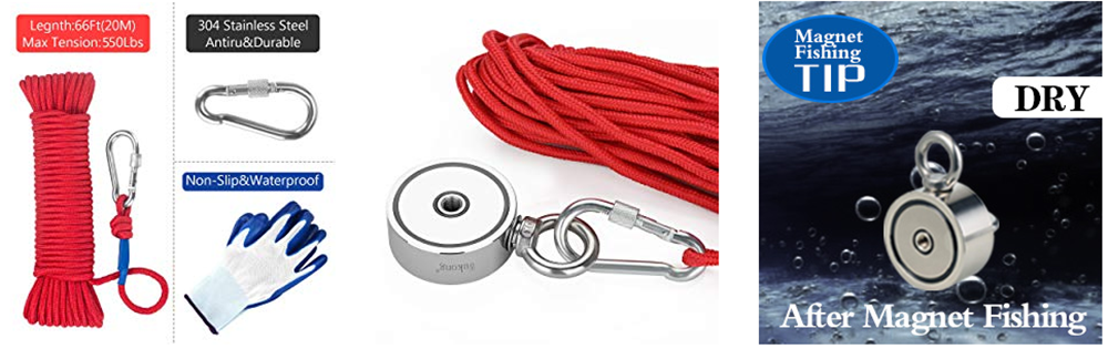 75mm Double Side Fishing Magnet with 10/20 Meters Rope and Glove 500kg Pulling Force Super Strong Neodymium Magnet with Heavy Duty Rope