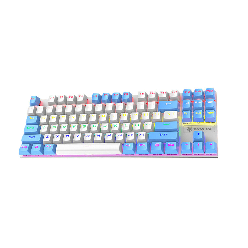 Mechanical Keyboard 87 Keys Mixed-Color Keycaps Blue Switch USB Wired Rainbow Light 80% TKL Layout Gaming Keyboard