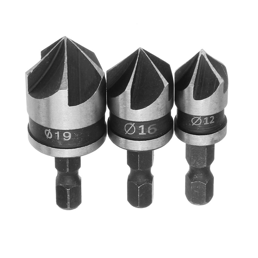 3pcs/Set 5 Flutes 90 Dgree Chamfer Cutter 1/4" Shank 12/16/19mm Countersink Drill Bit Kit