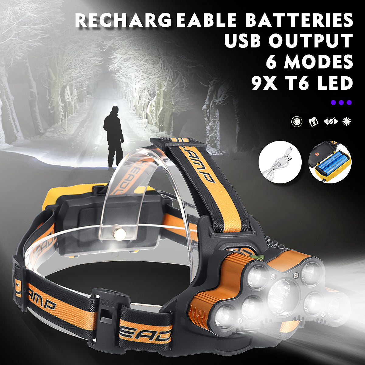 2501-B 6-Modes 7xT6+2xQ5 LED Outdoor Head Torch Waterproof Ultra Bright Headlamp With SOS Whistle