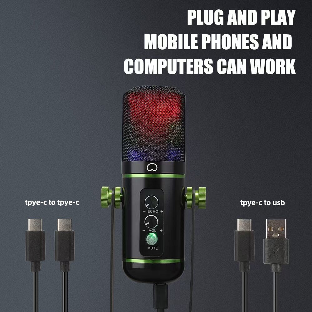 USB Microphone with RGB Breathing Light Capacitive for Live Streaming Recording Studio