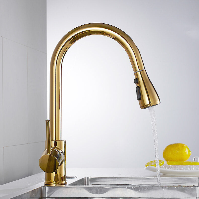 Pull Out Kitchen Sink Gold Faucet Cold Hot Water Mixer Tap 360 Degree Rotation Kitchen Tap