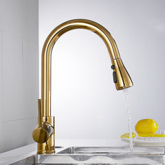 Pull Out Kitchen Sink Gold Faucet Cold Hot Water Mixer Tap 360 Degree Rotation Kitchen Tap
