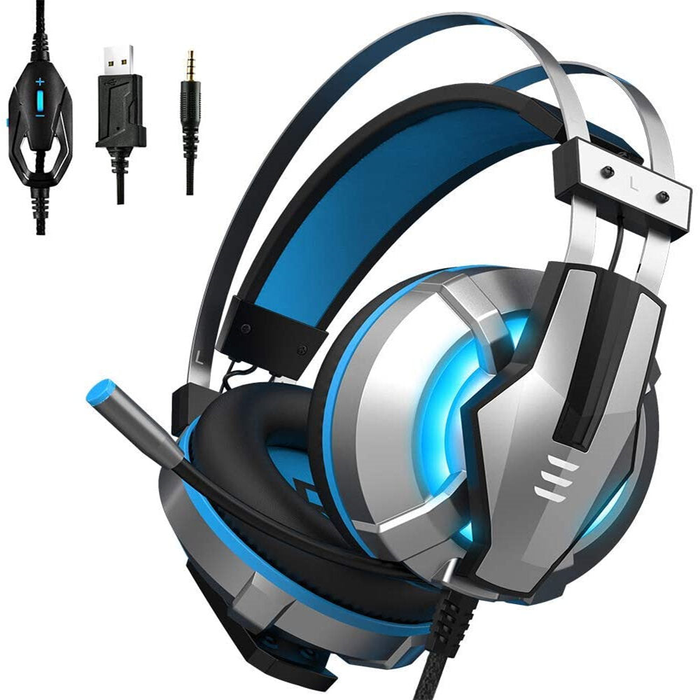 Wired Gaming Headphone Over Ear Gaming Headset Blue Yellow Soft Earpads Headphones With Rotate Mic LED Light For PC Gamers