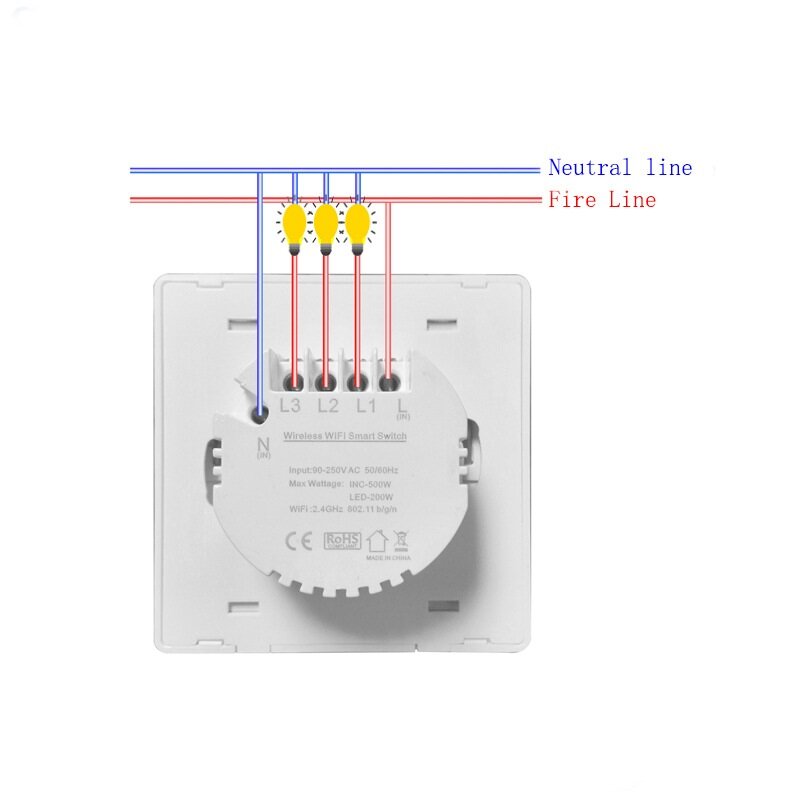 WiFi RF433 3Gang Push Button Wall Light Switch EU AC 100V-240V Smart Switch Compatible with Control Alexa Google Home