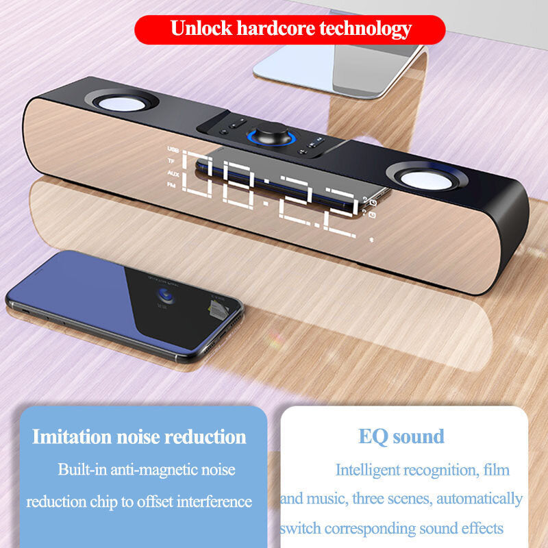 Bluetooth 5.0 Speaker Stereo Subwoofer Bass Four-Units Noise Reduction FM Radio TF Card AUX-In Alarm Clock 1500mAh LED Mirror Display Soundbar