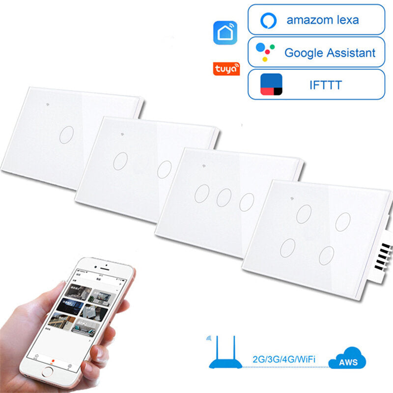 Wifi Wall Touch Sensitive Switch App Remote Control 1/2/3/4 Gang Wireless LED Light Smart Touch Screen Switch Work with Alexa Google Assistant