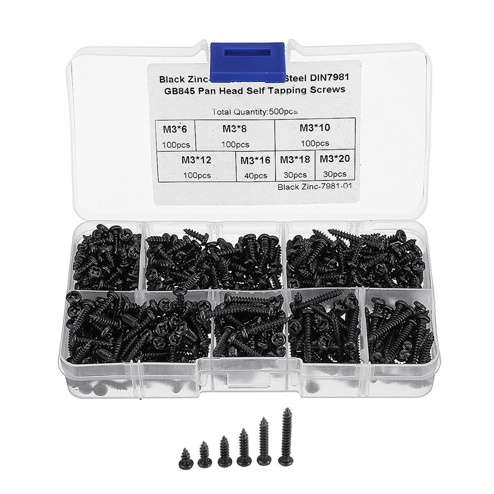 M3CP1 500Pcs M3 Phillips Screw Black Zinc-Plated Carbon Steel Pan Head Self Tapping Woodworking Screws Assortment Kit