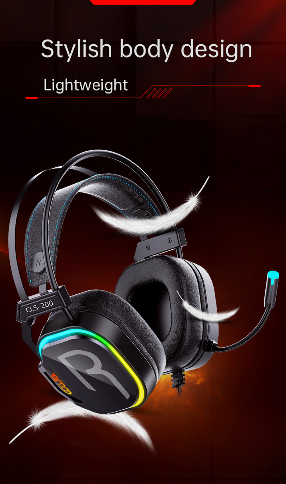 Gaming Headset with Omnidirectional Microphone Colorful RGB Light 50mm Unit for PC Laptop