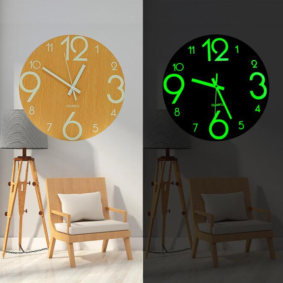 12'' Glow In The Dark Mute Wood Wall Clock For Home Living Room Outdoor Gifts