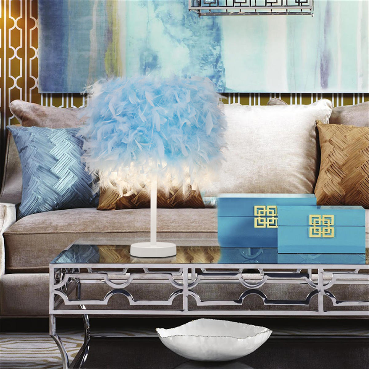 Colorful Feather Shade Table Lamp Bedside Desk Lamp Night Light Home Decor Gifts