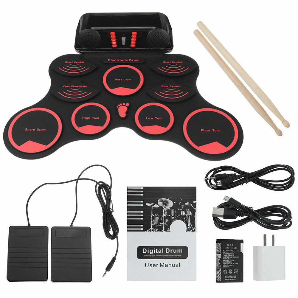 Portable Roll Up Electronic Drum Kit 9 Silicon Pads Built-in Speakers with Drumsticks Sustain Pedal Support USB MIDI