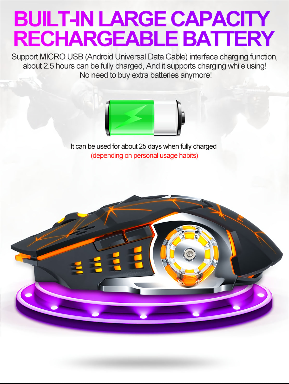Wireless Rechargeable Mouse 2400DPI Bluetooth5.0+2.4G Dual Mode 4 Buttons Home Office Mouse with LED Backlit for Laptop PC Notebooks