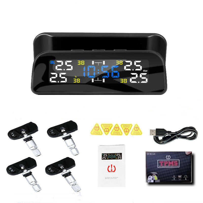 Solar Car 360 Rotation Tire Pressure Monitoring System Digital Clock LCD Display Tyre Temperature Safety Alarm Machine
