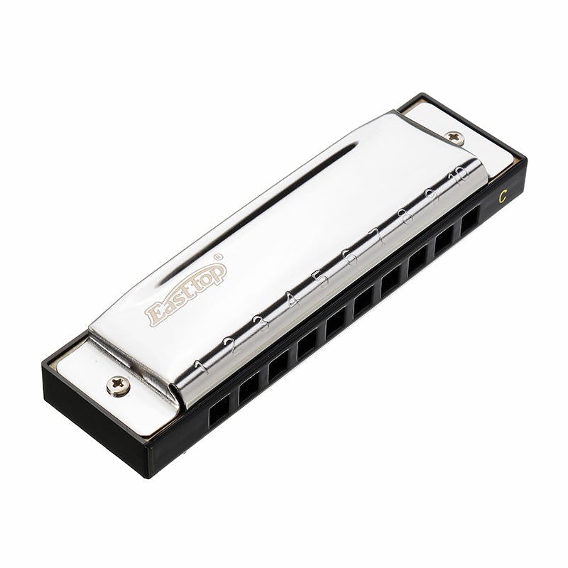 C Key 10 Holes Harmonica Blues Harp Stainless Steel Cover Plate with Plastic Box