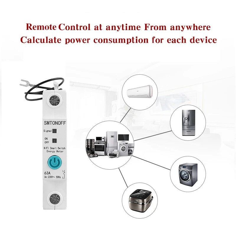 Single Phase Din Rail WIFI Smart Switch Energy Meter Leakage Protection Remote Read KWh Meter Wattmeter Works with Alexa Google