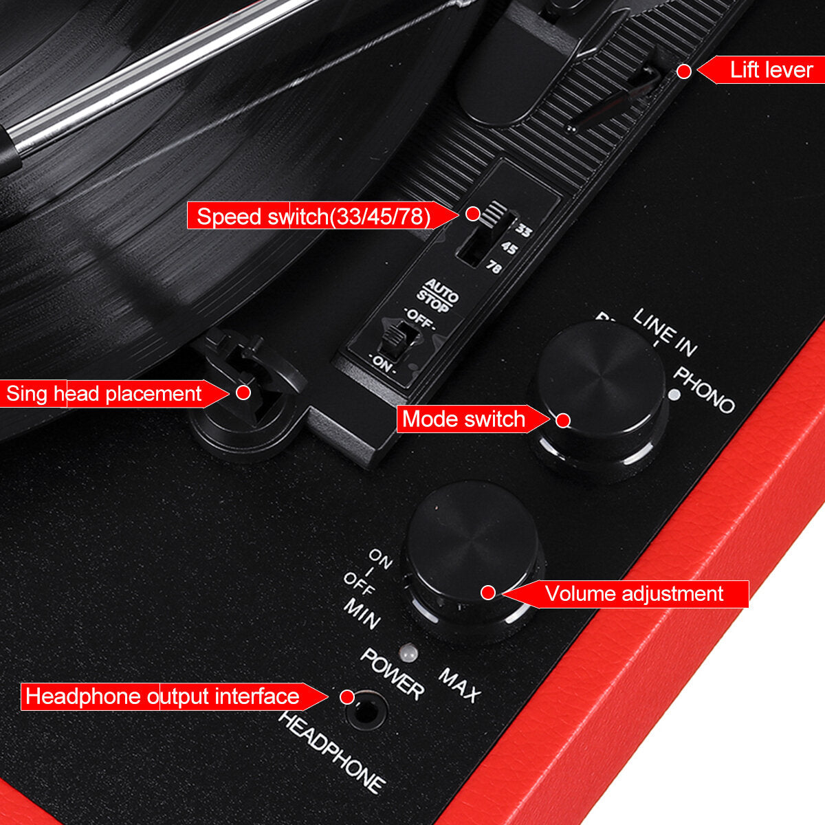 Vinyl Turntable Record Player LP Disc 33/45/78 RPM Bluetooth Portable Leather Gramophone Phonograph Speaker 3.5mm Antique Retro