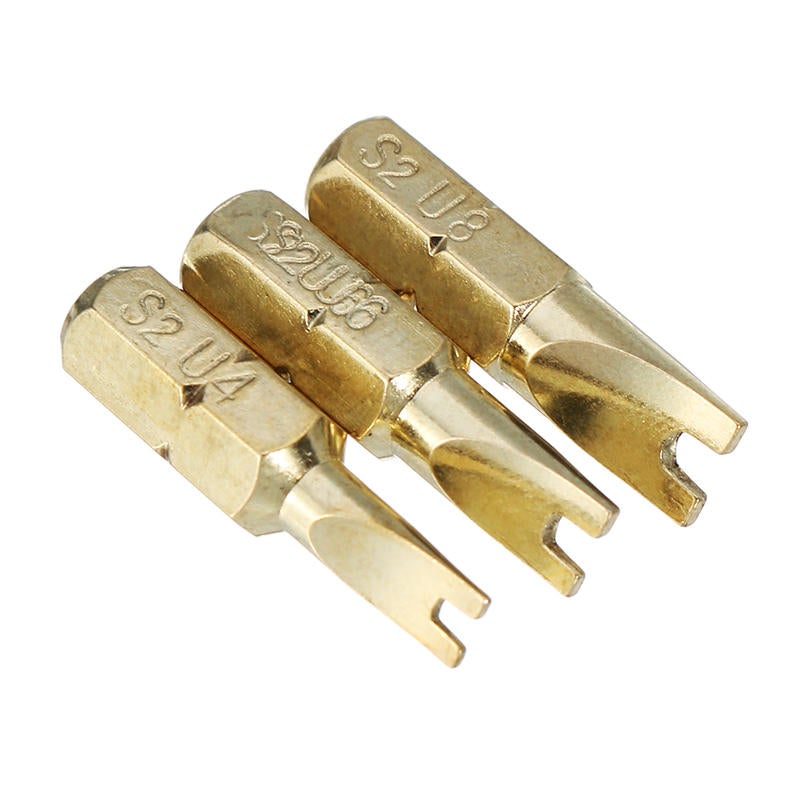 3pcs 25mm U4-U8 U Shaped Screwdriver Bits 1/4 Inch Hex Shank Electroplating Bronze